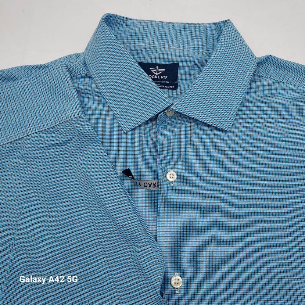 Dockers Mens Teal Navy Check Dress Shirt Fitted Long Sleeve 16-16.5 34/35 NEW
